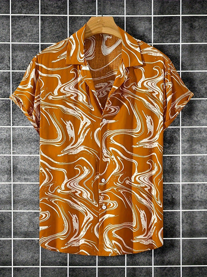 Herren Kurzarm-Resorthemd im modernen Marmor-Wirbel-Design – Freizeit & Sommermode