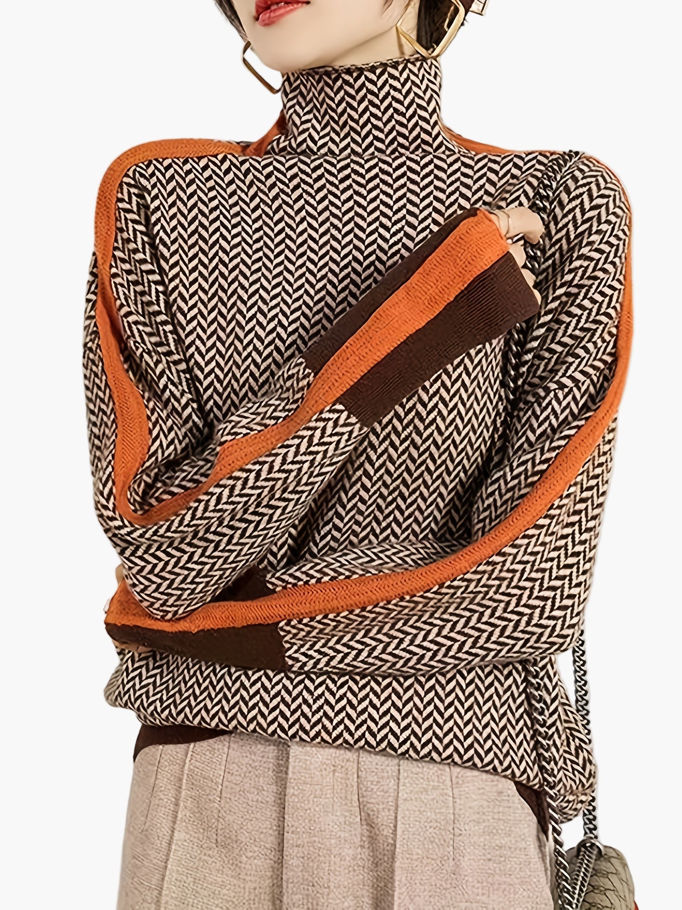 Dam Elegant patchwork stickad tröja med ståkrage – Moderiktig höst/vinter vardagslook
