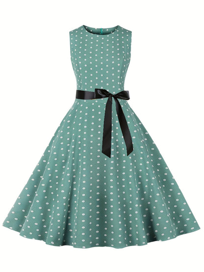 Damen Vintage Polka Dot Fit & Flare Partykleid mit Gürtel, ärmellos, Retro Sommerkleid