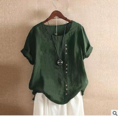 Dame Vintage sommerbluse, kortærmet med rund hals & knaplukning