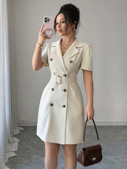 Abito blazer elegante da donna a maniche corte con cintura e doppia fila di bottoni – Business e occasioni