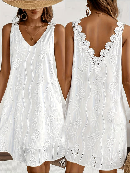 Abito estivo da donna con pizzo, scollo a V, elegante per tempo libero e vacanze
