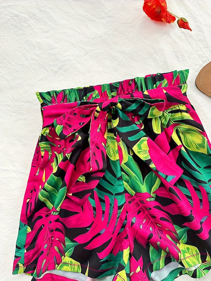 Set estivo donna due pezzi – Top canotta alla moda & pantaloncini paperbag tropicali – Perfetto per vacanze e tempo libero