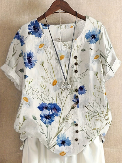 Blusa vintage da donna con motivo floreale e abbottonatura – Maglietta estiva casual in stile retrò