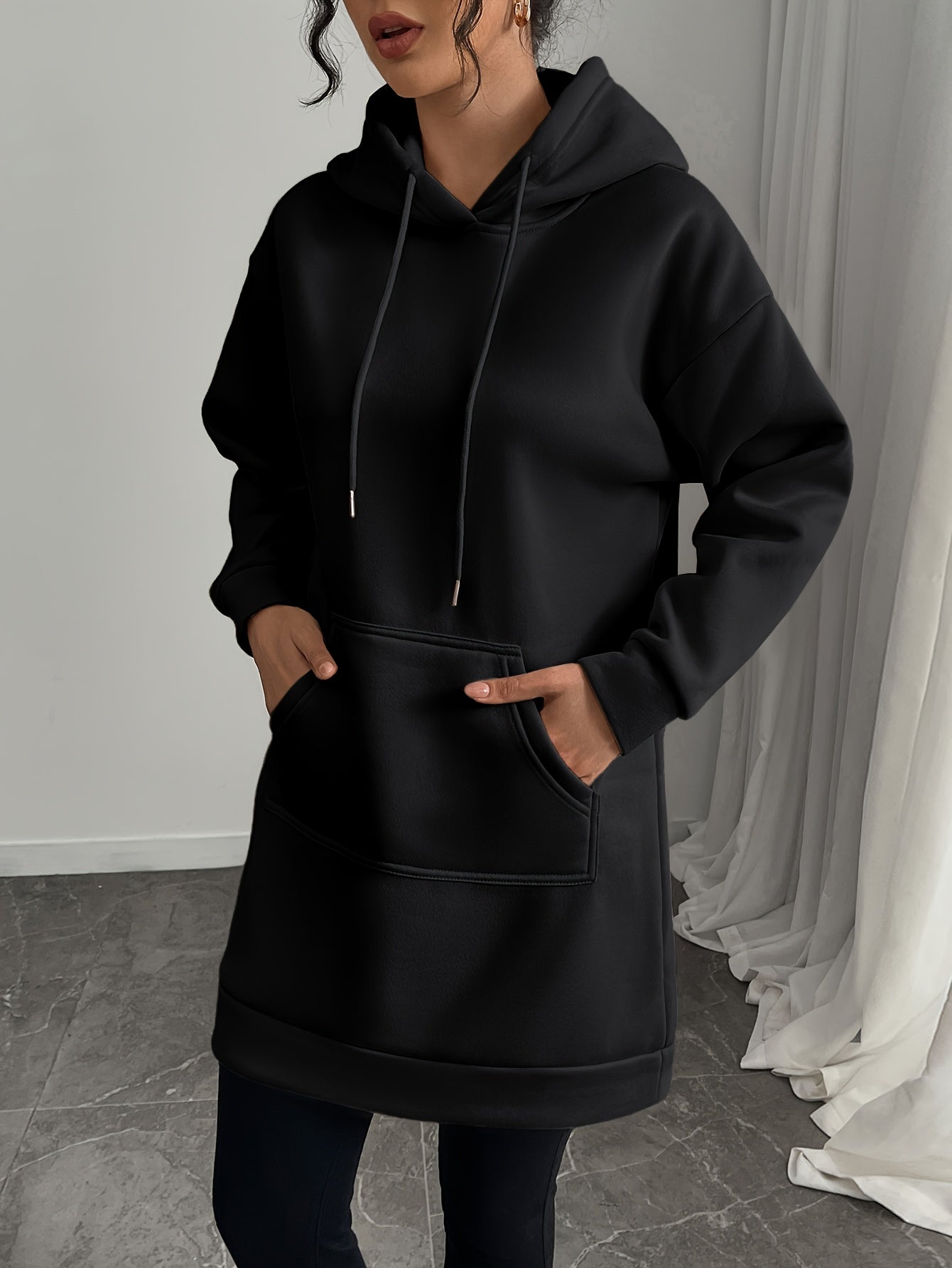 Damen Hoodie-Kleid Schwarz Langarm Kapuzenpullover Tunika Kängurutasche