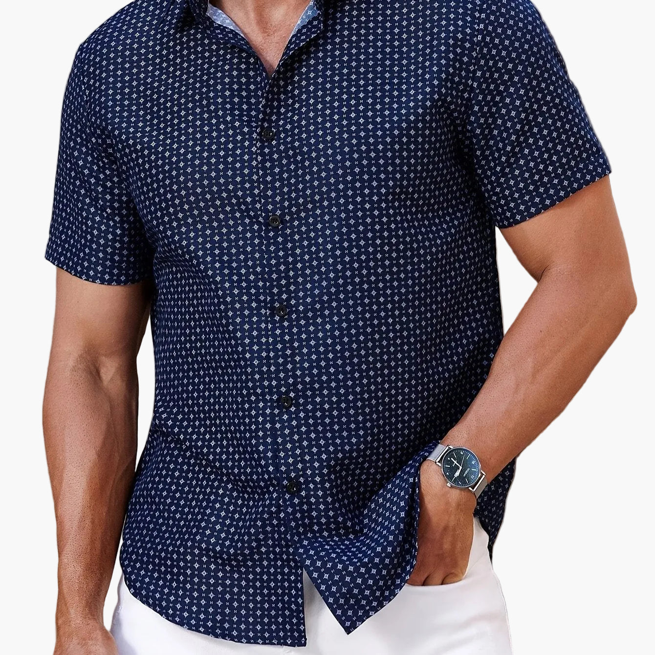 Camicia uomo a maniche corte con motivo geometrico – Elegante per tutti i giorni e l’estate