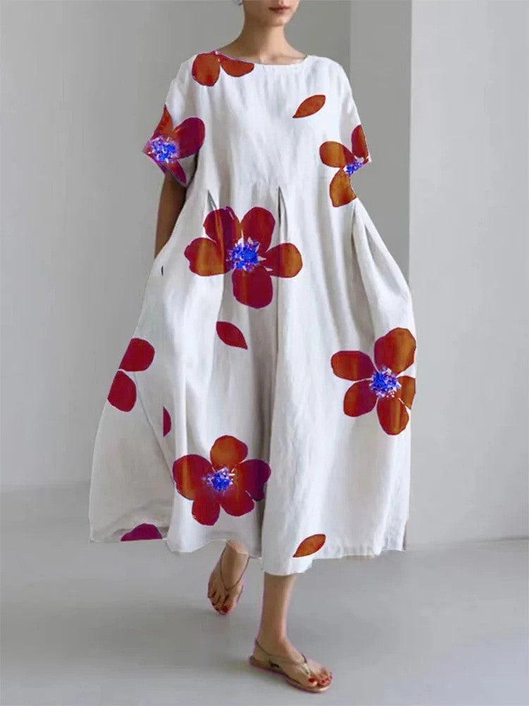 Damen Maxikleid Retro A-Linie mit großen Blumen – Sommerkleid im künstlerischen Vintage-Stil, Elegantes Freizeitkleid