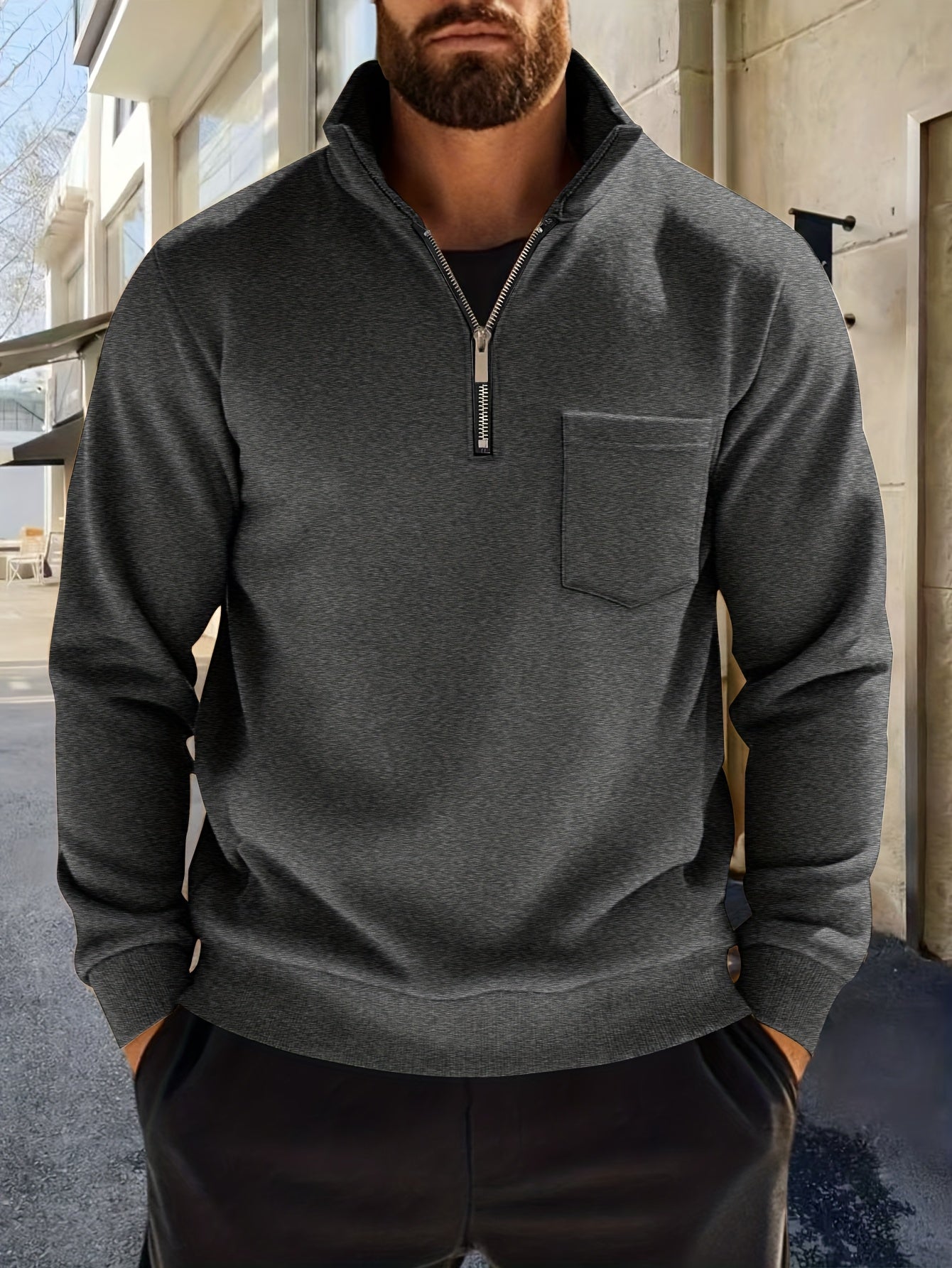 Heren-sweatshirt met halve ritssluiting, opstaande kraag en borstzak, donkergrijs