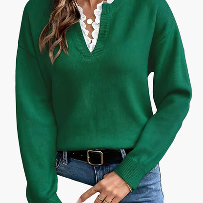 Dames elegante trui met V-hals en ruches kraag – Perfect voor dagelijks gebruik & kantoor