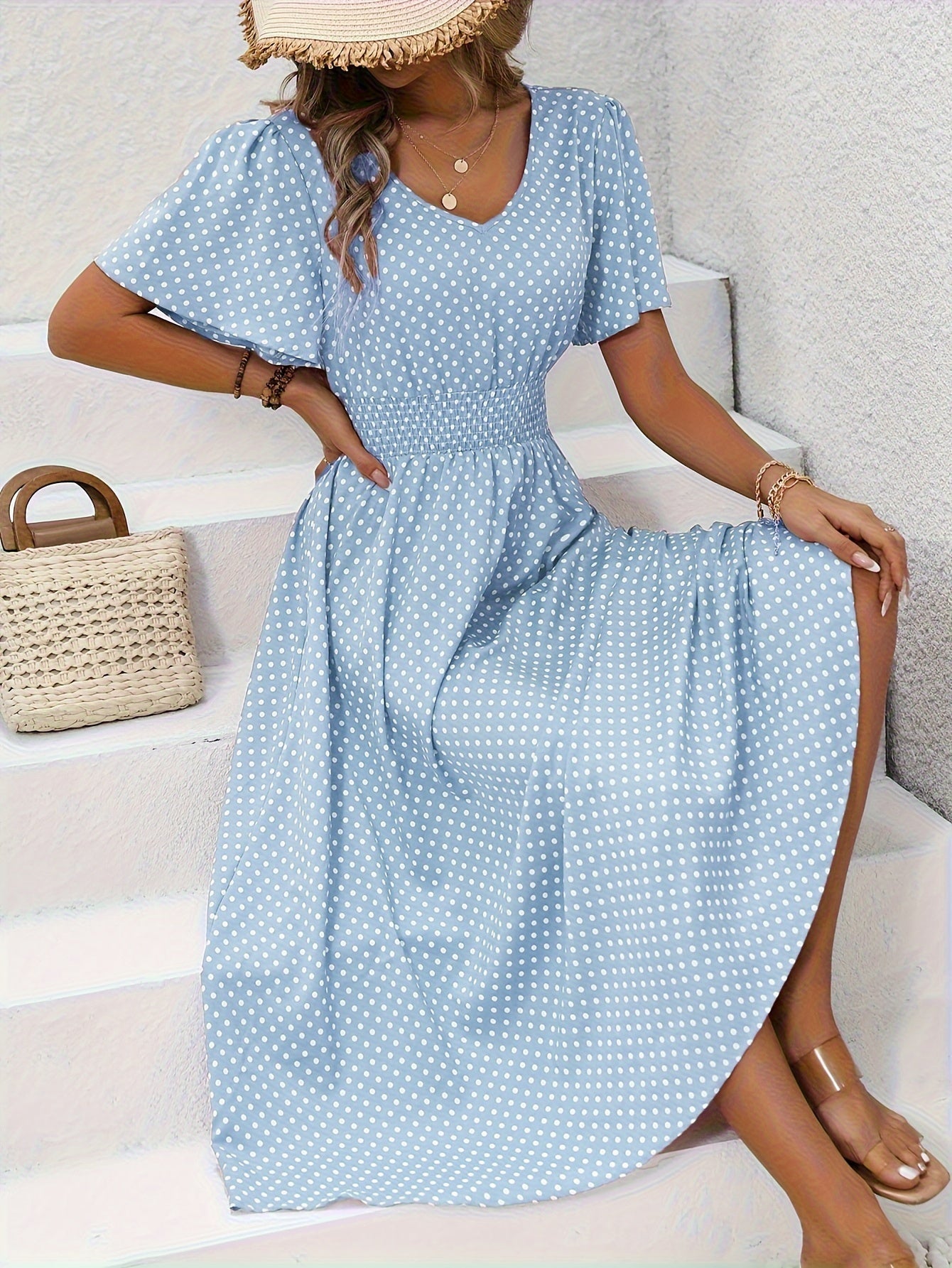 Robe décontractée à pois pour femme avec col en V et manches courtes – Élégante robe longue pour le printemps et l'été