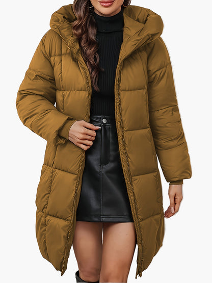 Damen Winter Steppmantel mit Kapuze – Modischer langer Wintermantel für Alltag und Freizeit