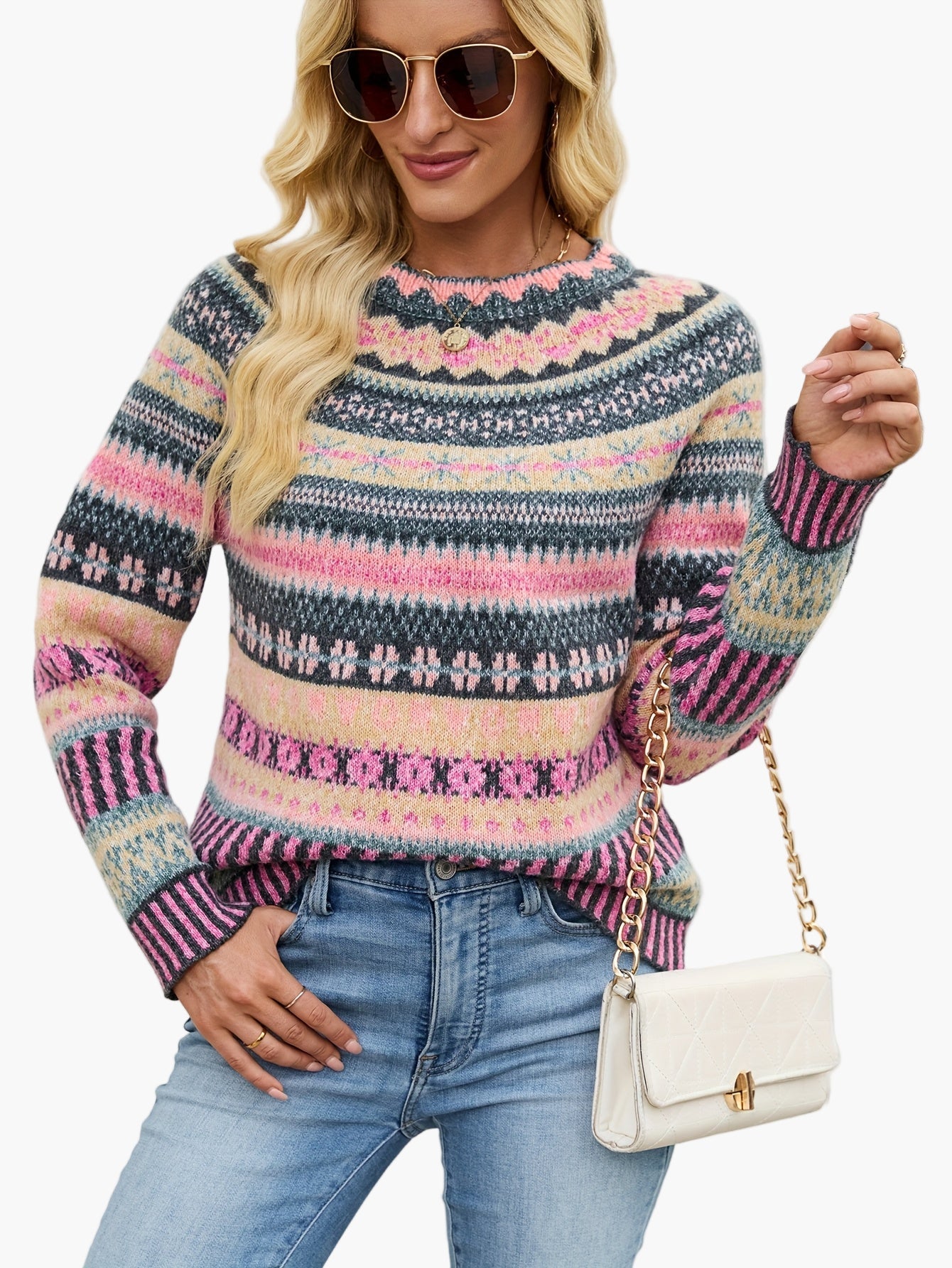 Maglione da donna in stile norvegese con scollo rotondo – Maglione alla moda per autunno e inverno