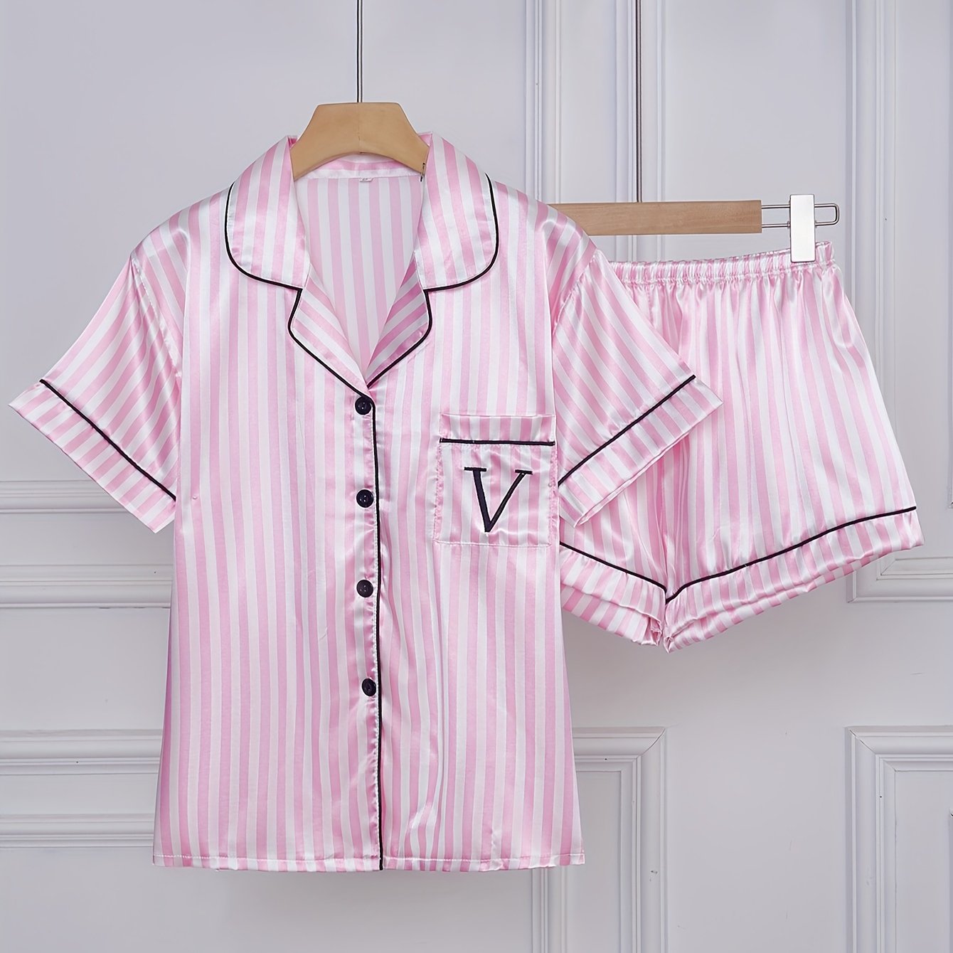 Set pigiama donna manica corta con righe e abbottonatura – Set comodo di biancheria da notte estiva