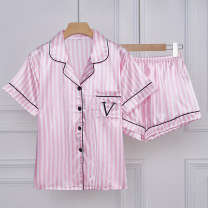 Set pigiama donna manica corta con righe e abbottonatura – Set comodo di biancheria da notte estiva