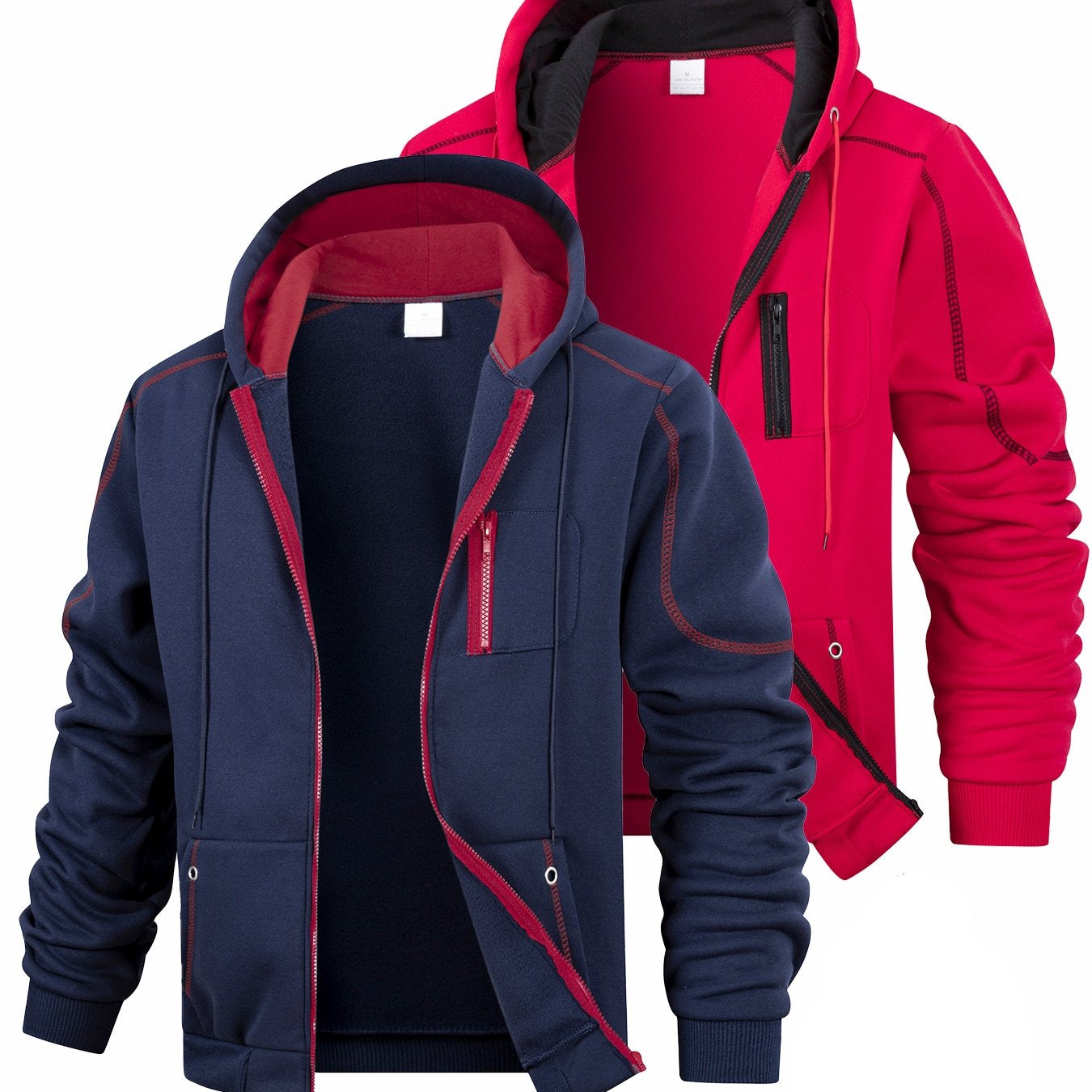 2er Pack Herren Kapuzenjacke Reißverschluss, gefüttert, Kontrastnähte