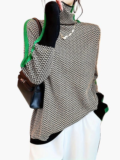 Dam Elegant patchwork stickad tröja med ståkrage – Moderiktig höst/vinter vardagslook