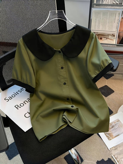 Dam Elegant blus med kontrastkrage och knappslå – Klassisk för kontor och vardag