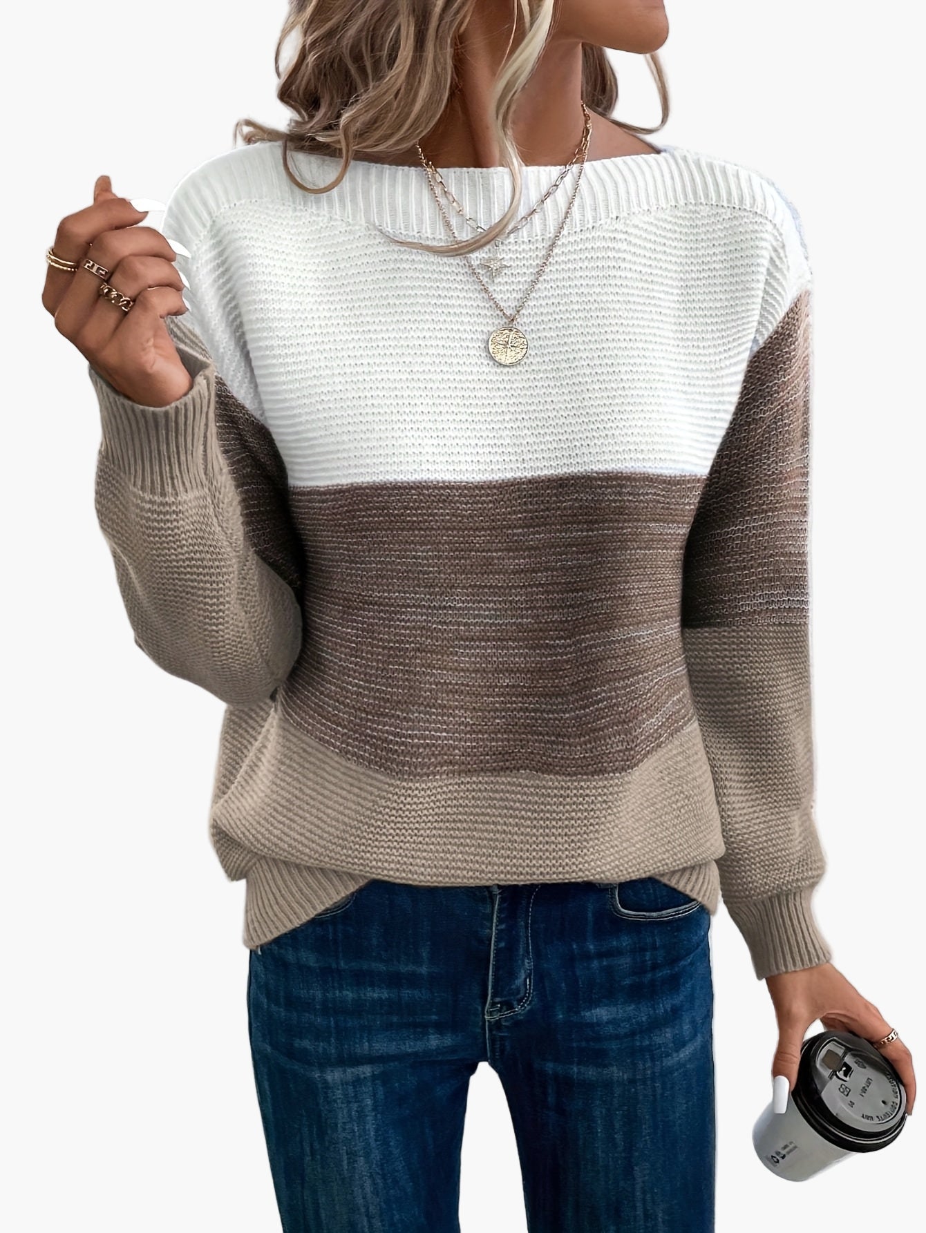 Damski sweter dziany w designie colorblock – Elegancki look na czas wolny na jesień i zimę