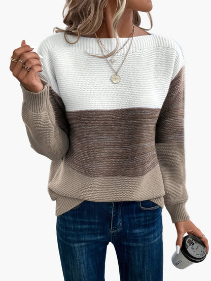 Damski sweter dziany w designie colorblock – Elegancki look na czas wolny na jesień i zimę