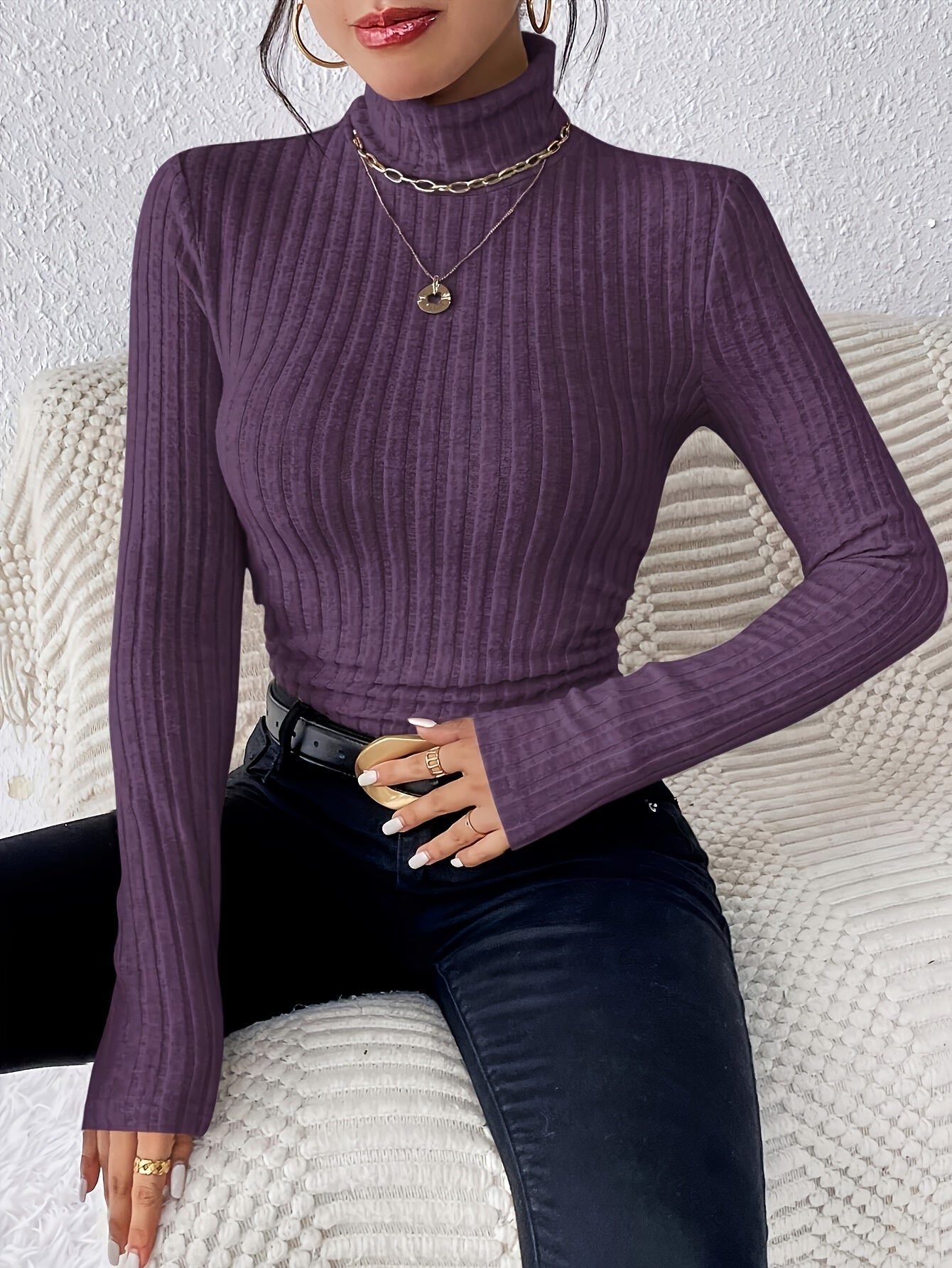 Dame-rullekravet langærmet ribbet top sort