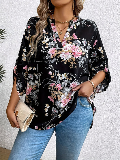 Damen Elegante Bluse mit Blumenmuster und V-Ausschnitt – Perfekt für Alltag und Büro