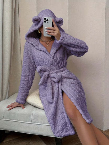 Peignoir de bain douillet à capuche et oreilles pour femmes