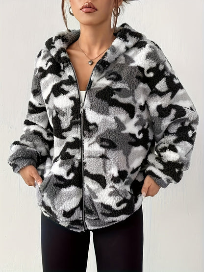 Teddy-Fleece Jacke mit Kapuze und Reißverschluss, Tarnmuster für Damen