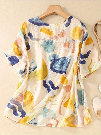 Blusa de mujer con estampado abstracto y corte holgado – Estilo artístico casual para el día a día