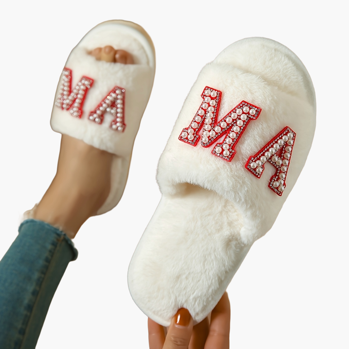 Pantofole da donna in peluche con decorazioni di perle e scritta 'MAMA' – Comode ciabatte per casa, regalo per mamme