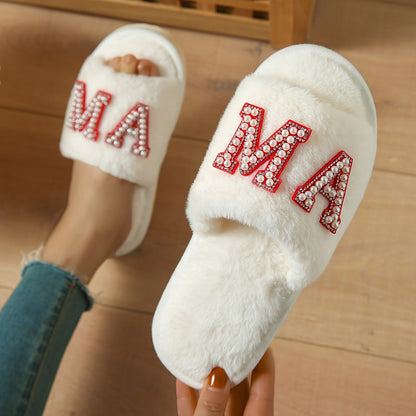 Pantofole da donna in peluche con decorazioni di perle e scritta 'MAMA' – Comode ciabatte per casa, regalo per mamme