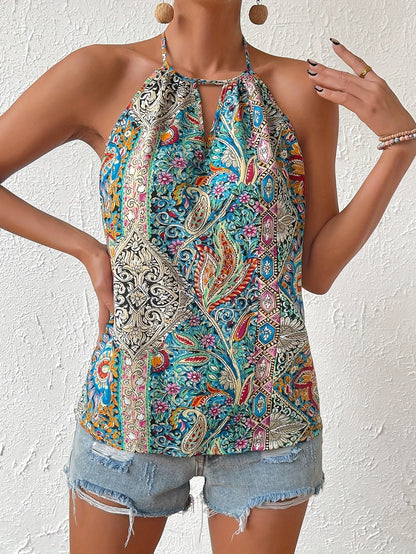 Damen Boho Halterneck Top mit Paisley-Muster für Sommer, Freizeit & Festival