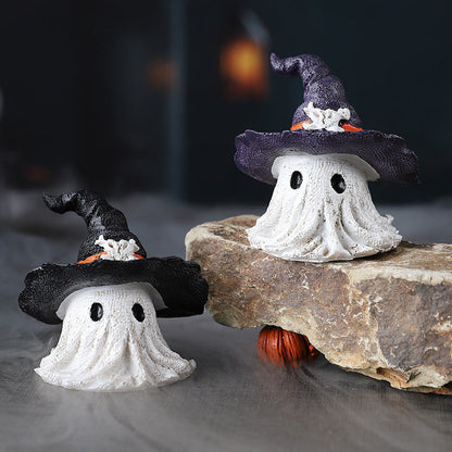 Figura Decorativa Fantasma con Cappello da Strega per Halloween – Incantevole Figura in Resina per Atmosfera Spaventosa di Halloween