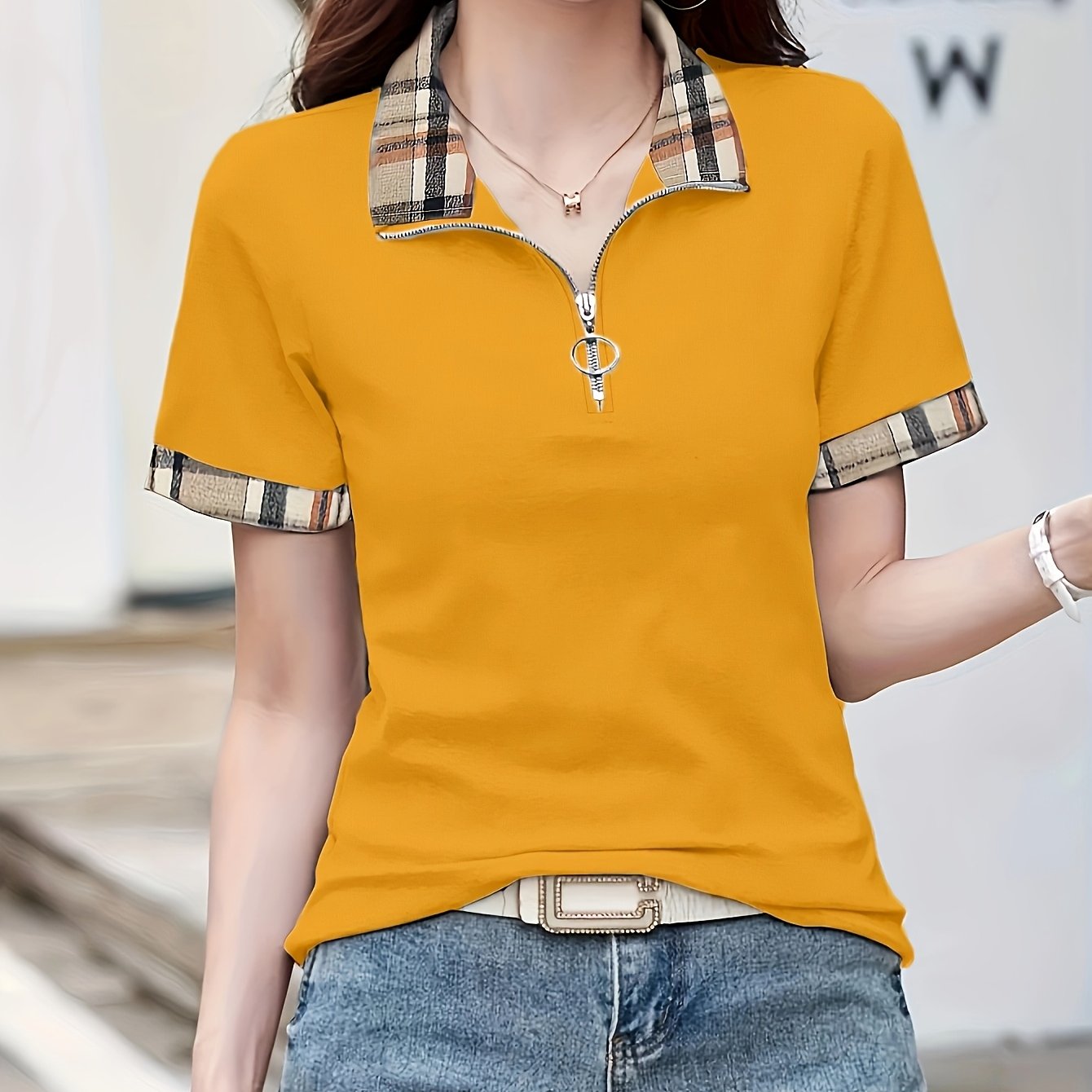 Polo casual da donna con zip e motivo a quadri – Maglia da tempo libero alla moda con collo con cerniera