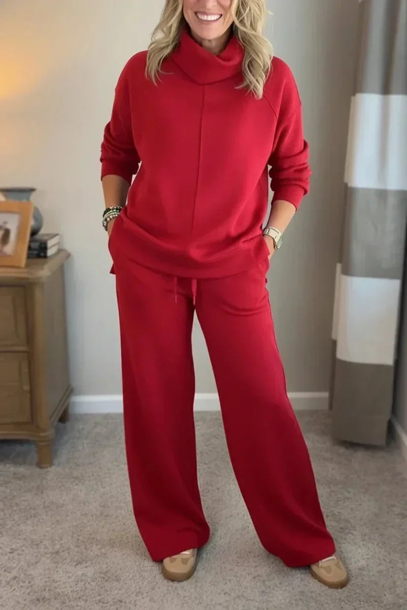 Aivra | Tweedelige damesset met col, lange mouwen, wijde broek en zakken