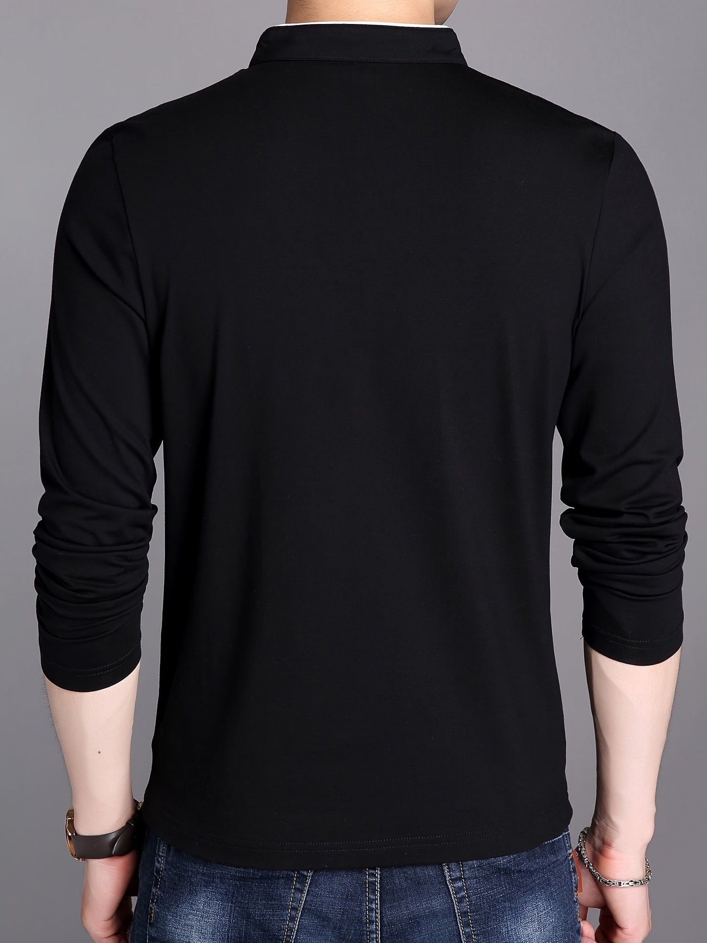 Herren Langarm Poloshirt Stehkragen Henley Stil