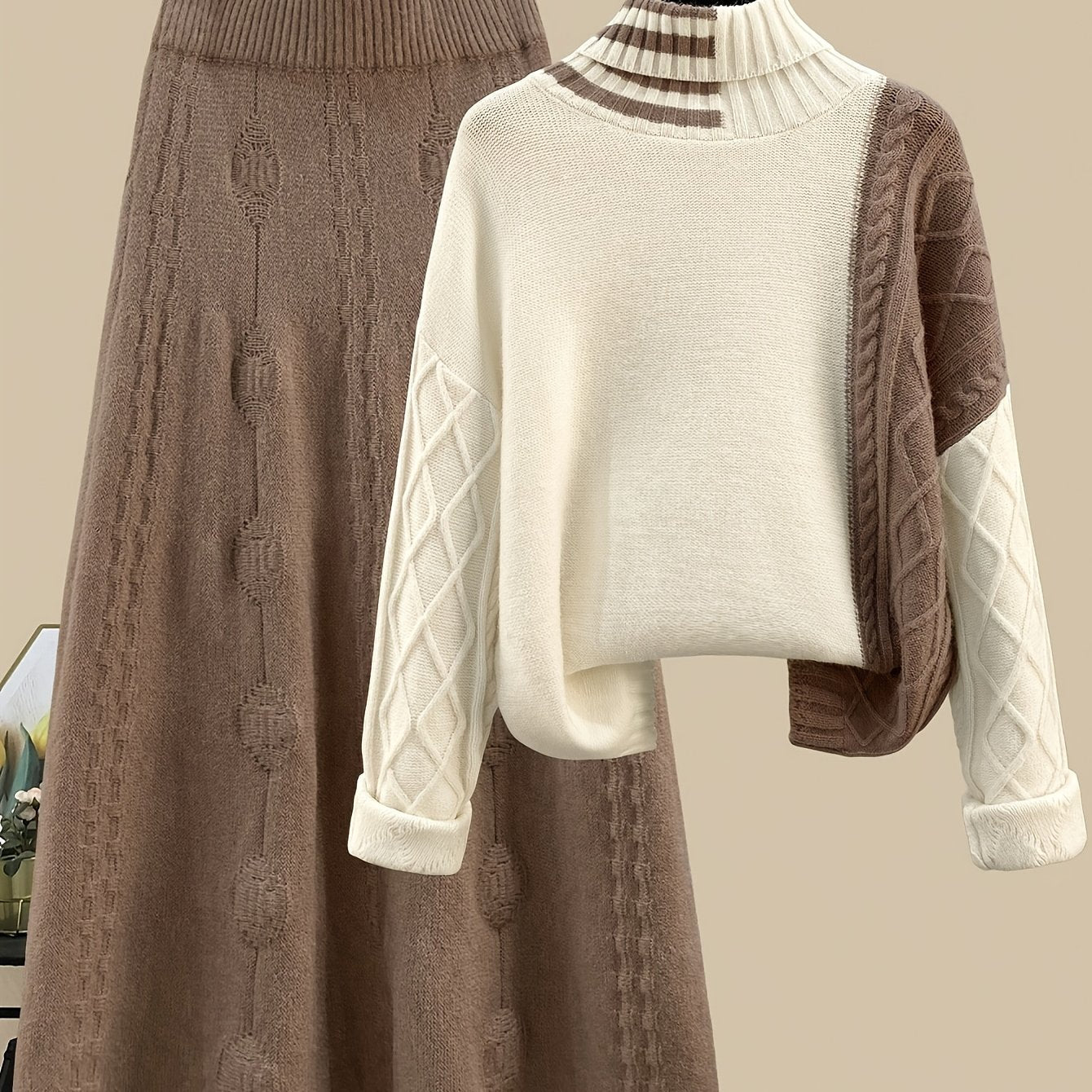 Damen Strickset Pullover und Rock mit Zopfmuster Hochgeschlossen Braun-Cremefarben