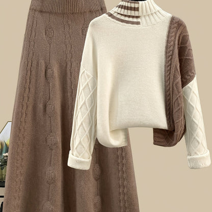 Damen Strickset Pullover und Rock mit Zopfmuster Hochgeschlossen Braun-Cremefarben