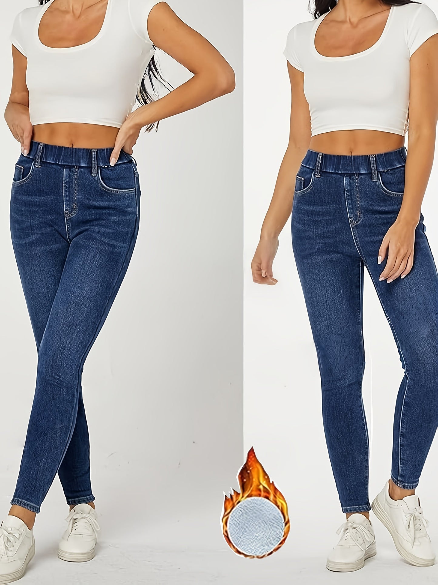 Leggings jeans da donna foderati blu con effetto pile teddy