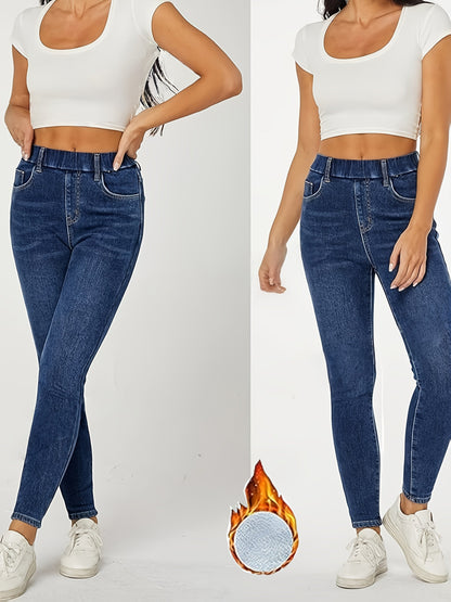 Leggings jeans da donna foderati blu con effetto pile teddy