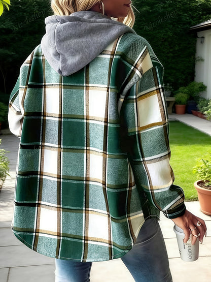 Karierte Kapuzen-Hemdjacke für Damen, Grün-Weiß