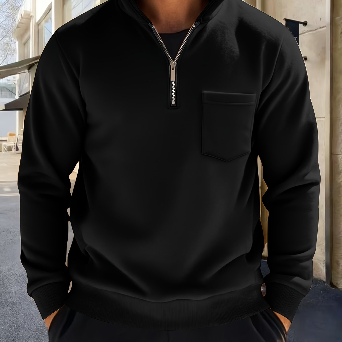 Heren-sweatshirt met halve ritssluiting, opstaande kraag en borstzak, donkergrijs