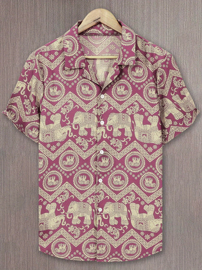 Chemise de villégiature pour homme avec imprimé éléphants et mandalas, manches courtes, chemise décontractée moderne