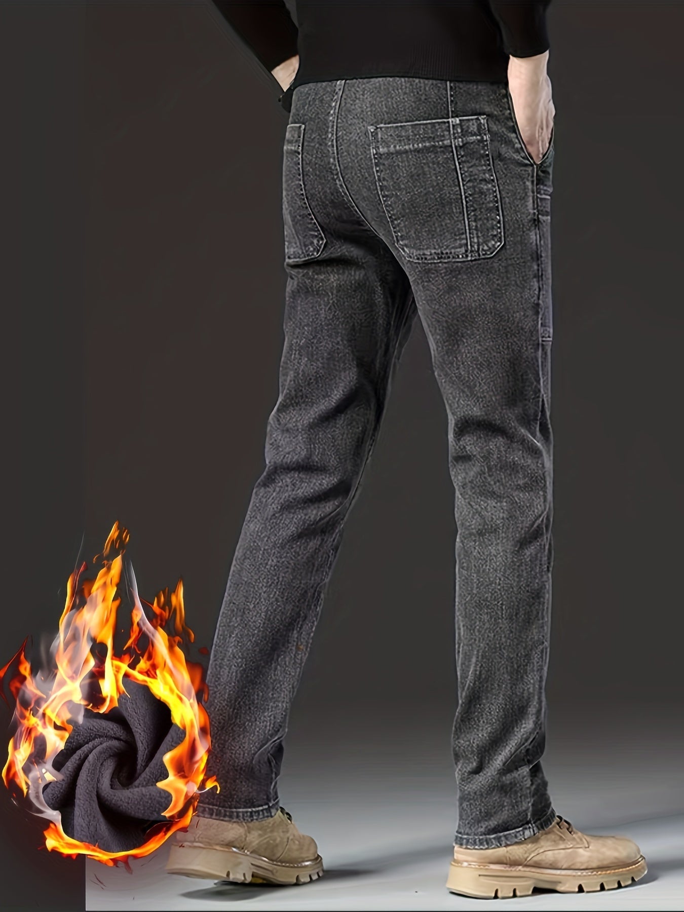 Jeans invernali da uomo, pantaloni foderati, neri o blu, vestibilità dritta