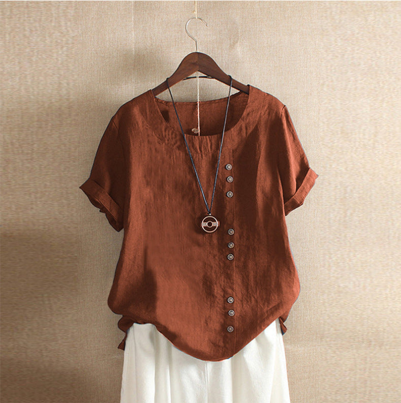 Dame Vintage sommerbluse, kortærmet med rund hals & knaplukning