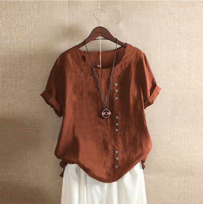 Dame Vintage sommerbluse, kortærmet med rund hals & knaplukning