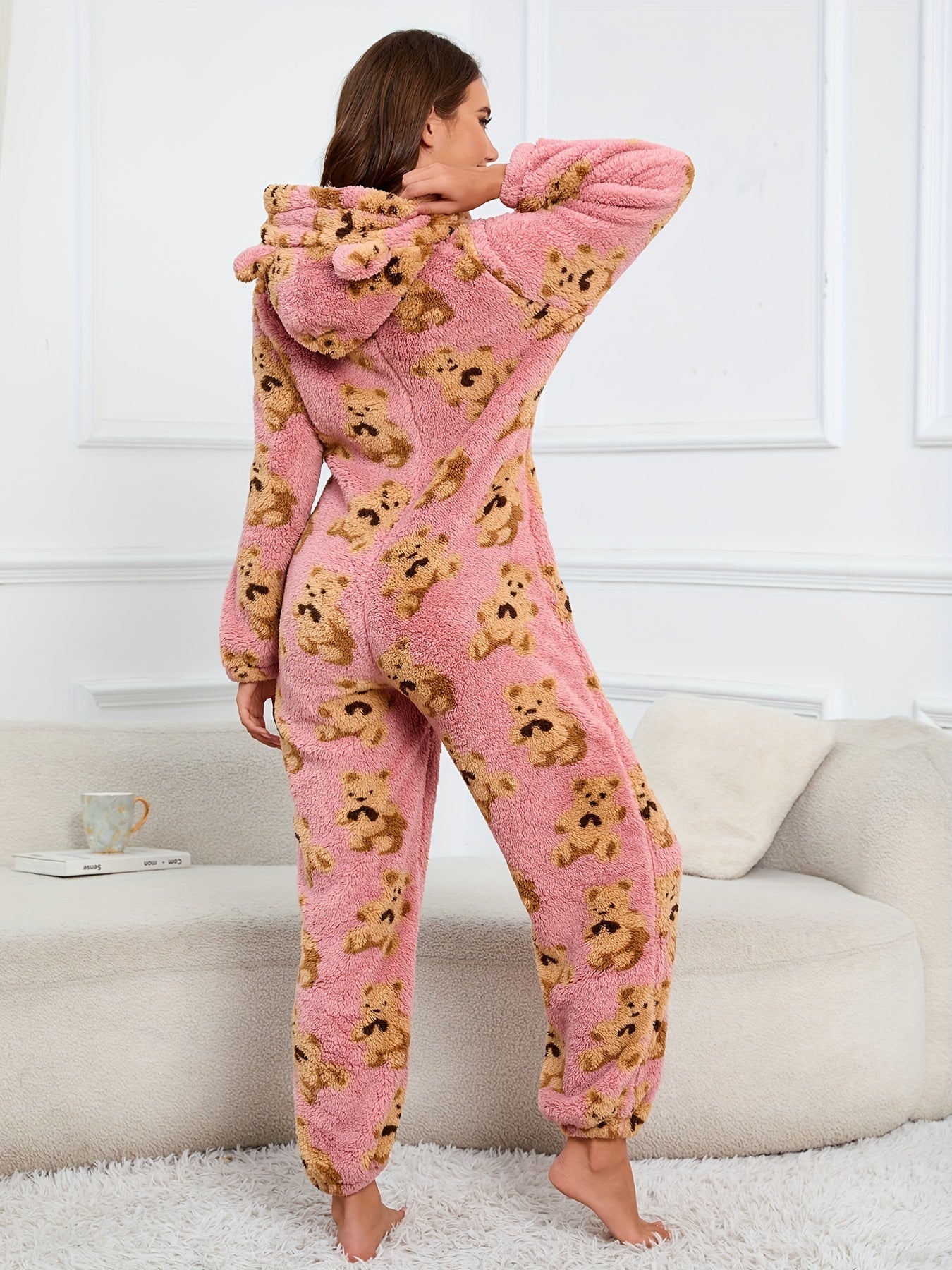 Damen Flauschiger Onesie mit Kapuze & Teddybär-Muster Rosa