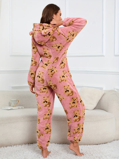 Damen Flauschiger Onesie mit Kapuze & Teddybär-Muster Rosa