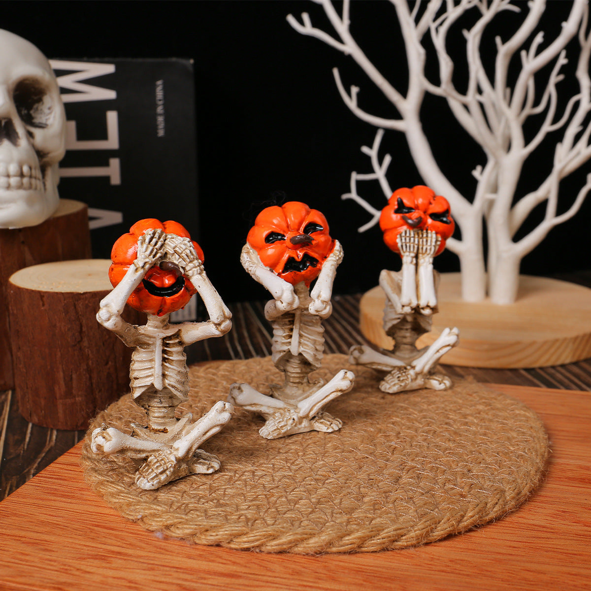 Set de figurines déco Halloween citrouille squelette – 3 pièces – Décoration amusante et effrayante pour fête et maison