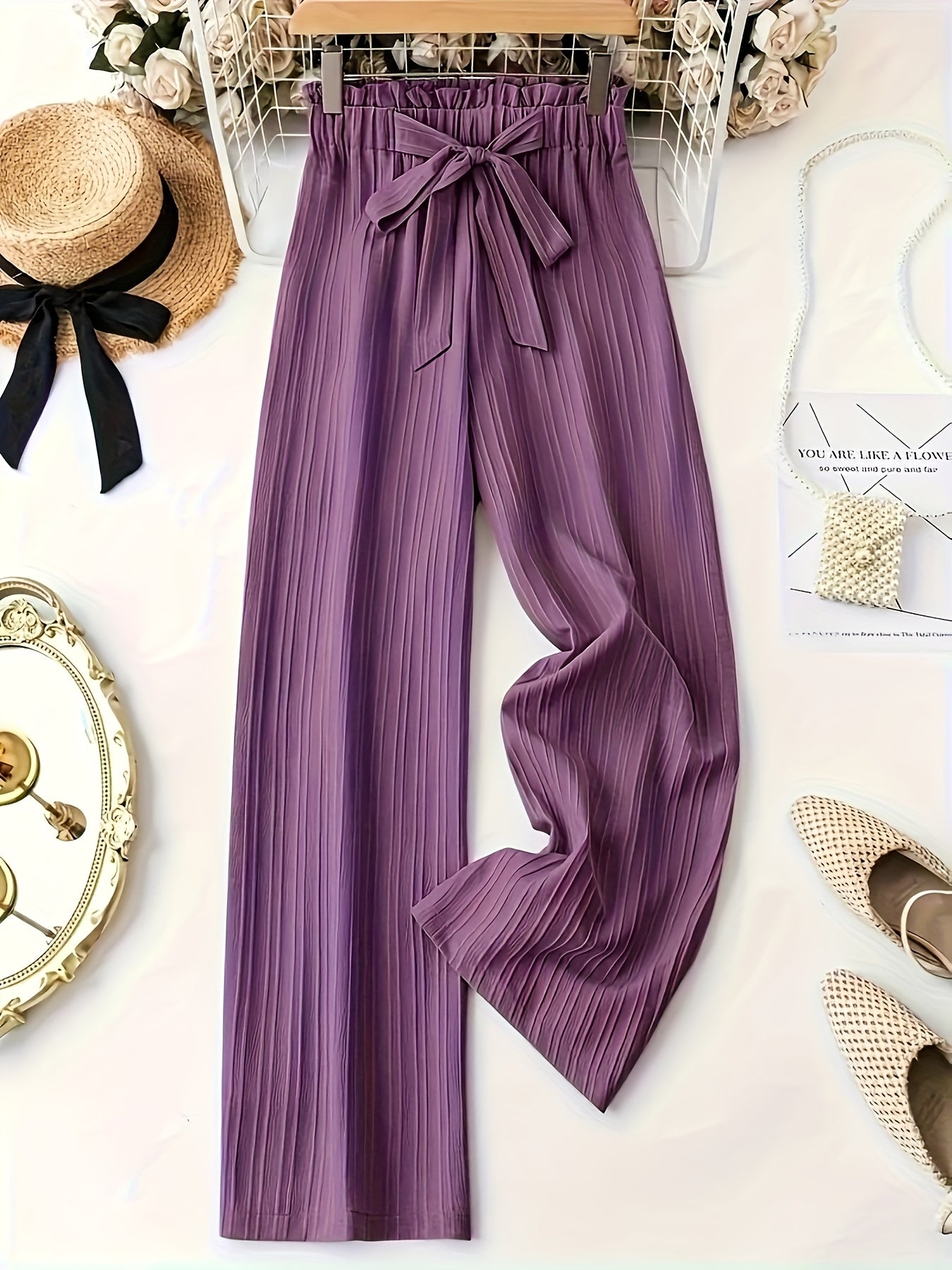Pantalon plissé élégant pour femme, jambe large avec nœud – Parfait pour les loisirs et le bureau