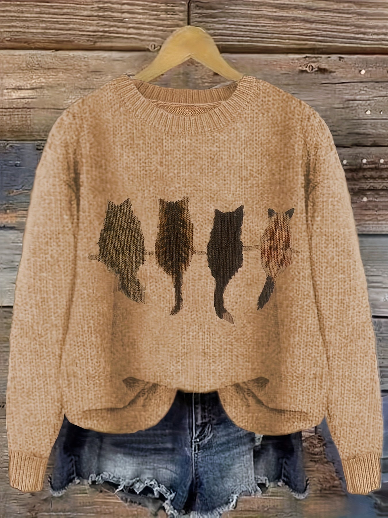 Damen Strickpullover mit Rundhalsausschnitt und Katzen-Print